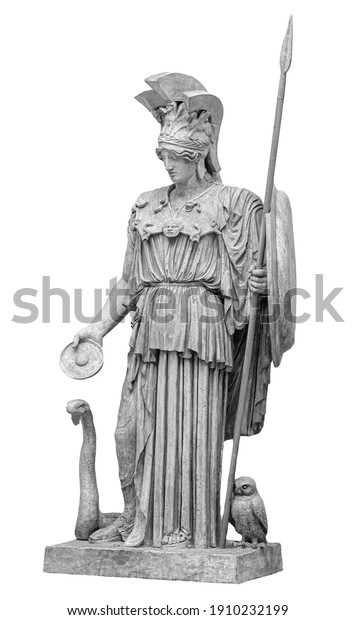 Ancient Greek Roman statue of goddess Athena\
god of wisdom and the arts historical sculpture isolated on white.\
Marble woman in helmet\
sculpture