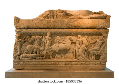 Ancient Greek Sarcophagus Decorated With Scenes From Iliad