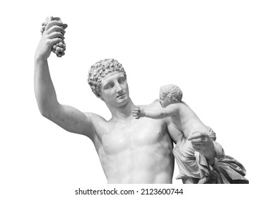 Ancient Greek sculpture of Hermes and the infant Dionysus discovered in 1877 in the ruins of the Temple of Hera isolated on white background with clipping path