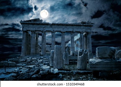 Ancient Greek temple at night, Athens, Greece, Europe. View of mystery Parthenon on Acropolis, Ancient ruins on dramatic sky background. Theme of historic Greece, past civilization, time and history. - Shutterstock ID 1510349468