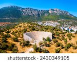 The ancient Greek theatre aerial panoramic view at the Antiphellus or Antiphellos Ancient City in modern Kas or Kash town in Antalya Province in Turkey