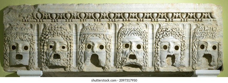 Ancient Greek Theatrical Masks - Marble Scenery Of The Entablature