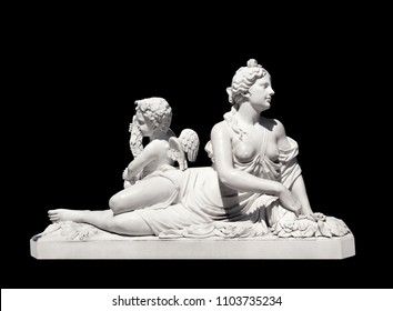 Ancient Greek White Marble Statue Of A Nude Woman And Winged Cupid Isolated On Black Background