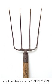 Ancient Hand Made Garden Fork Head On White Background