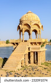 Ancient hindu stone temple beside Gadisar lake, Jaisalmer, Rajasthan, India