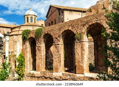 Ancient house in Roman Forum, Rome, Italy. Roman Forum is famous tourist attraction in Rome. Old ruins of historical brick building or temple in Roma city center. Past, time and sightseeing concept.