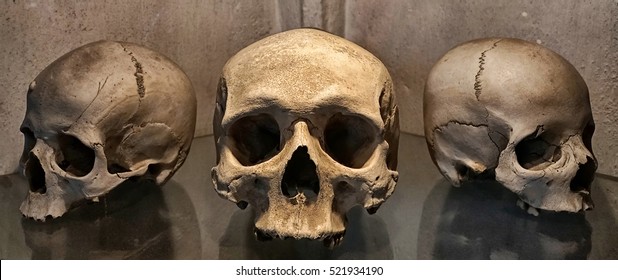 Ancient human skull and bone decorations in Sedlec, Czech republic.