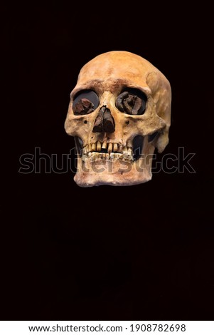 Ancient human skull on a black background.
