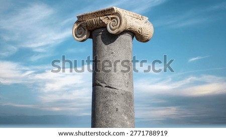 Ancient Ionic column with an ornately carved marble capital featuring twin volutes at Patara archaeological site in Turkey