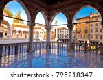 Ancient Italian square arches and architecture in town of Udine, Piazza della Liberta square, Friuli Venezia Giulia region of Italy