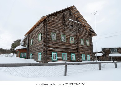 Ancient Karelian house in Korza settlement, Essoilskoye rural settlement, Pryazhinsky district, Republic of Karelia, Russia - February 19, 2022