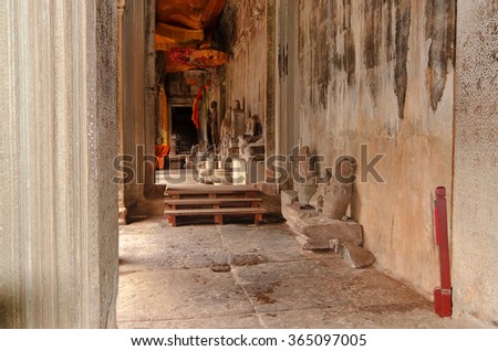 Ancient Khmer architecture. Wat complex, Siem Reap, Cambodia travel destinations.