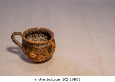 Ancient Kitchen Ware Concept: Archaeology Research On Clay Foundlings. Antique Pottery Art And  A Cup From Old Civilizations. Cultures In Classical Style. Travel Destinations In The Mediterranean.