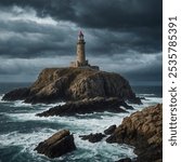 Ancient Lighthouse on a Rocky Coastline: A tall lighthouse standing on rugged rocks overlooking the sea, with stormy clouds in the distance.