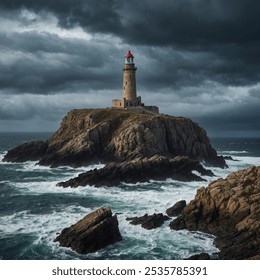 Ancient Lighthouse on a Rocky Coastline: A tall lighthouse standing on rugged rocks overlooking the sea, with stormy clouds in the distance. - Powered by Shutterstock