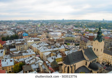 Ancient Lviv view from height, tilt-shift. Nice view of the ancient city, a tourist place.