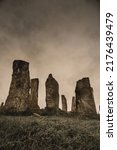 Ancient magic in the Calanais Standing Stones Circle, erected by neolithic men for worship. Celtic traditions in the outer hebrides of Scotland. Touristic attraction.