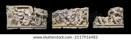 Ancient marble roman reliefs depicting the struggle of Athena and the Giants. 2nd Century AD from Aphrodisias (Geyre, Aydın). Istanbul Archeology Museum, Turkey.
