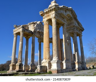 Ancient Marble Ruin Landscape. Marble Ancient Relic Rising Under Blue Sky.