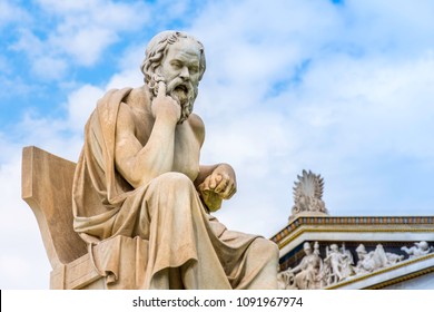 Ancient Marble Statue Of The Great Greek Philosopher Socrates On Background The Blue Sky, Athens, Greece