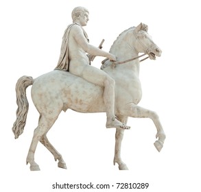 Ancient Marble Statue Of A Nude Man Holding A Scroll And Riding A Horse Isolated On White With Clipping Path