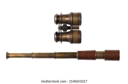 Ancient Marine Binoculars And Spyglass Isolated On White Background