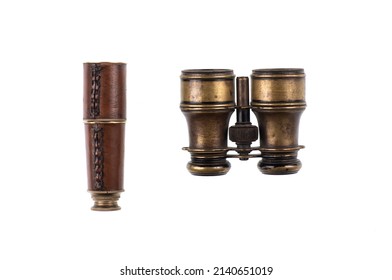 Ancient Marine Binoculars And Spyglass Isolated On White Background