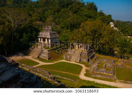 Ancient Mayan city, archaeological complex with ruins, Palace, temples, pyramids. Palenque Chiapas Mexico