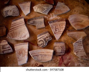 Ancient Mayan Pottery Shards On A Canvas Drop-cloth In Oaxaca Mexico