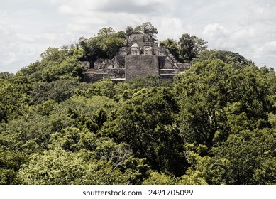 Ancient Mayan pyramid ruins surrounded by lush jungle greenery, showcasing the historical and archaeological significance of Mexico’s ancient civilizations. - Powered by Shutterstock