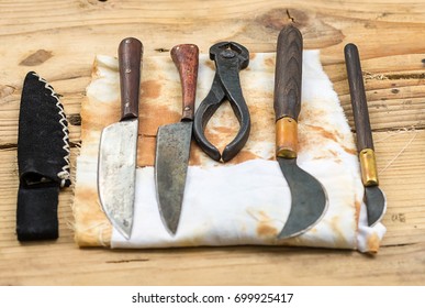 Ancient Medical Instruments Dentistry Surgery Help On A Wooden Table Background