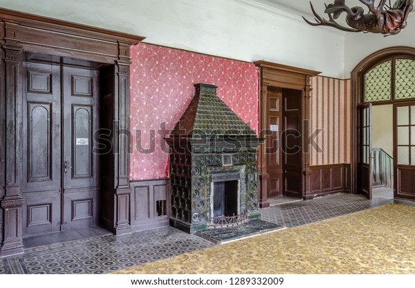 Ancient Medieval Interior Hall Fireplace Beautiful Stock Photo