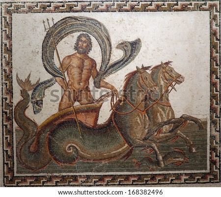 Ancient mid 3rd century Roman mosaic depicting Neptune being drawn in his chariot by two hippocamps while holding a trident in his right hand.
