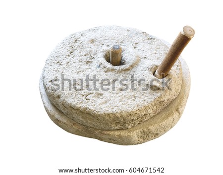 Ancient millstone isolated on white background. Hand mill is an ancient stone tool for grinding grain products and obtaining flour.