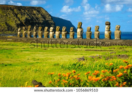 The ancient moai of Ahu Togariki, on Easter Island, some 2,000 miles off the coast of Chile. 