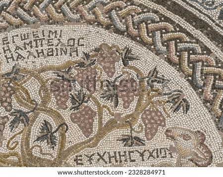 Ancient mosaic floor depicting grape vine with grapes and ancient writing.