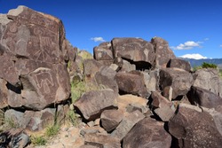 Ancient Native American Jornada Mogollon Petroglyphs At Three Rivers Petroglyph Site On A Sunny Day Near Tularosa, New Mexico