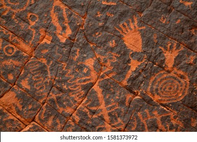 Ancient Native American Petroglyphs on Sandstone Rock in Valley of Fire State Park, Nevada