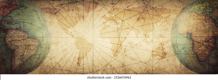 Ancient old globe on the vintage map background. Selective focus. Retro style. Science, education, travel, vintage background. History and geography team. - Shutterstock ID 1526476961