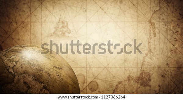 Ancient old globe on the vintage map\
background. Selective focus. Retro style. Science, education,\
travel, vintage background. History and geography\
team.