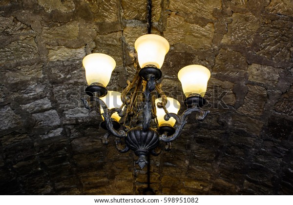 Ancient Orange Ceiling Lights Stone Castle Interiors Stock