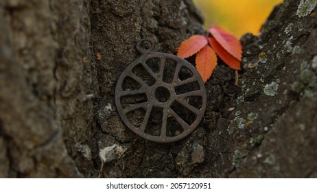 
Ancient pagan bronze solar amulet. Magic ancient amulet sun. Against the background of a simple tree and red fallen leaves in autumn				