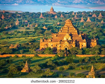 Ancient Pagodas In Bagan With Altitude Balloon Myanmar