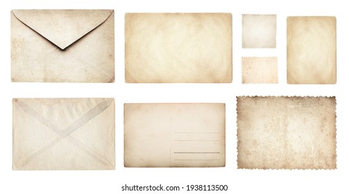 Ancient Papers Collection: Letterhead, Envelope, Postcard, Postage Stamp, Tag Label, Old Paper Blank Isolated On White Background. Retro Style Design.