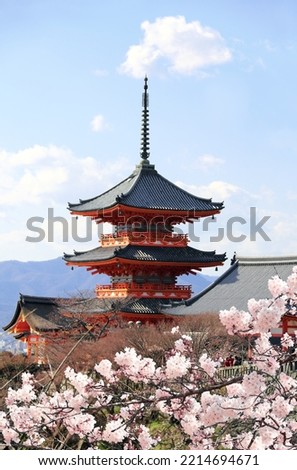 Ancient pavilion and blooming sakura branch in Fushimi Inari shrine in Kyoto. Sakura blossoming season in Japan
