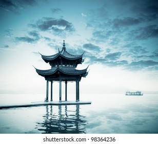 Ancient Pavilion On The West Lake In Hangzhou,China.