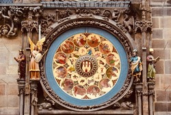 Ancient Prague Astronomical Clock At The Old Town Hall In Prague, The Capital Of The Czech. It Was Built In 1410.