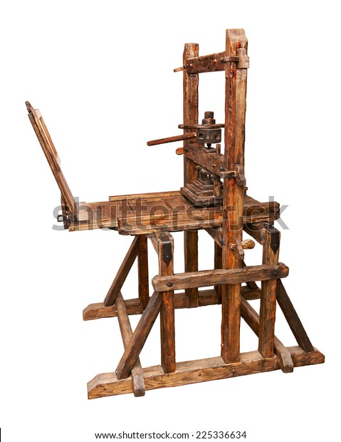 Ancient printing press isolated. Clipping path included.