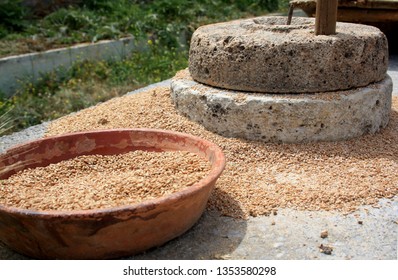 The Ancient Quern Stone Hand Mill With A Bowl Full Of Grain.