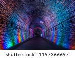 Ancient Rarilway Tunnel lighted in Rainbow Color, Brockville, Ontario, Canada